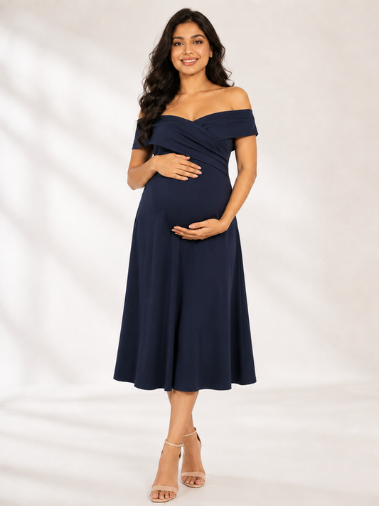 Wholesale Price Navy Blue 4-Way Poly Lycra Off-Shoulder Maternity Short Midi Dress