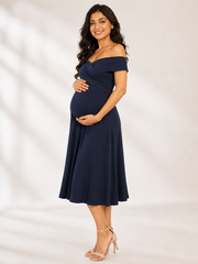 Wholesale Price Navy Blue 4-Way Poly Lycra Off-Shoulder Maternity Short Midi Dress
