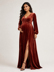 Wholesale Price Rust Brown 4-Way Poly Lycra Maternity Long Midi Dress with Wrap Neck & Front Slit Order Sample