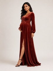 Wholesale Price Rust Brown 4-Way Poly Lycra Maternity Long Midi Dress with Wrap Neck & Front Slit Order Sample