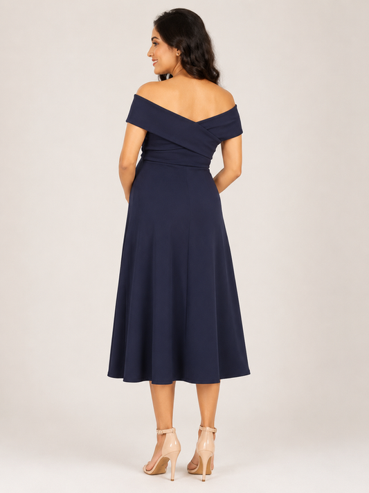 Wholesale Price Navy Blue 4-Way Poly Lycra Off-Shoulder Maternity Short Midi Dress