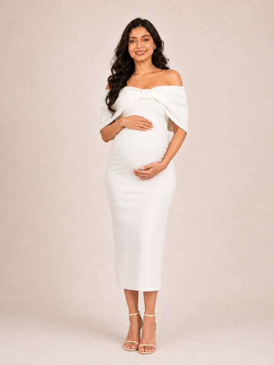 Wholesale Price White 4-Way Poly Lycra Off-Shoulder Bow Maternity Long Midi Dress