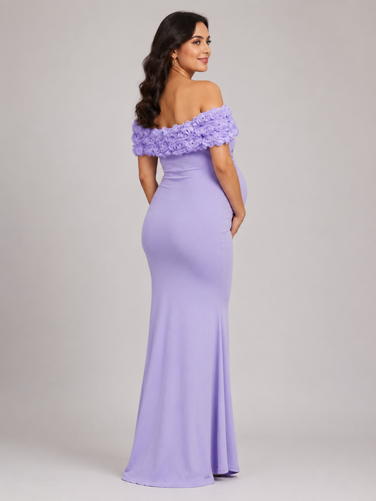 Wholesale Price Lavender 4-Way Poly Lycra Off-Shoulder Floral Maternity Long Midi Dress