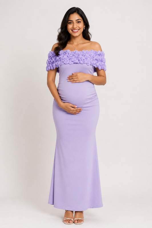 Wholesale Price Lavender 4-Way Poly Lycra Off-Shoulder Floral Maternity Long Midi Dress