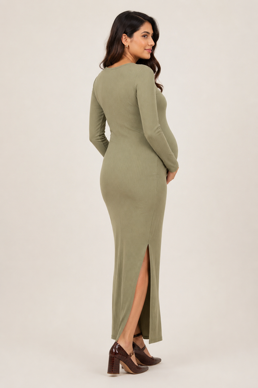 Wholesale Price Olive Green 4-Way Poly Lycra Ribbed Maternity Long Midi Dress