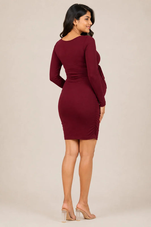 Wholesale Price Burgundy 4-Way Poly Lycra Square Neck Maternity Short Midi Dress