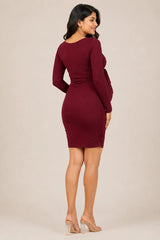 Wholesale Price Burgundy 4-Way Poly Lycra Square Neck Maternity Short Midi Dress