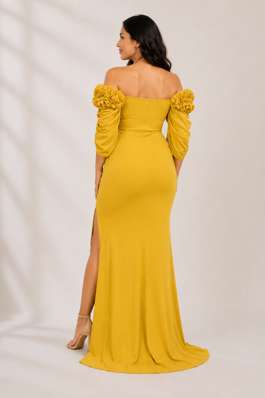 Wholesale Price Yellow 4-Way Poly Lycra Off-Shoulder Maternity Long Midi Dress