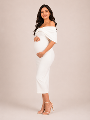 Wholesale Price White 4-Way Poly Lycra Off-Shoulder Bow Maternity Long Midi Dress