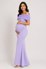 Wholesale Price Lavender 4-Way Poly Lycra Off-Shoulder Floral Maternity Long Midi Dress