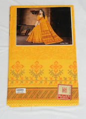 Yellow fabric with printed patterns and a photo of a woman in a yellow saree on a white background