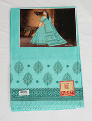 Teal embroidered fabric with brand logos on a white background