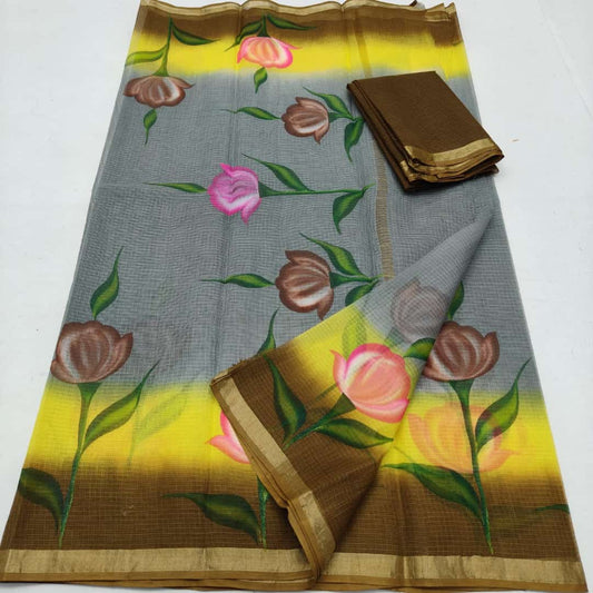 Bulk Quantity Pure Cotton Kota Doria Hand Painted Saree