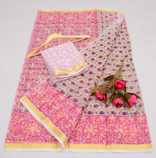 Wholesale Quantity Pure Cotton Kota Saree With Block Printed Design  - Peach Color