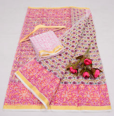 Wholesale Quantity Pure Cotton Kota Saree With Block Printed Design  - Peach Color