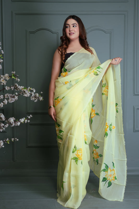 Wholesale Price Hand Painted Organza Saree