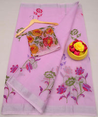 Wholesale Quantity Kota Doria Floral Embroidered Saree  -  Pinkish Red Color
