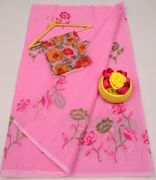 Wholesale Quantity Kota Doria Floral Embroidered Saree  -  Pinkish Red Color