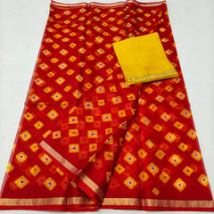 Wholesale Quantity Pure Silk Kota Doria Hand Bandhej Saree - Red Color