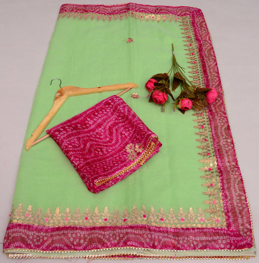 Wholesale Quantity Kota Doria Gotta Patti Work Saree with Bandhej Border for Festive Wear - Pista Green Color