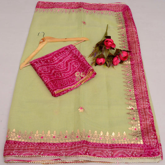 Wholesale Quantity Kota Doria Gotta Patti Work Saree with Bandhej Border for Festive Wear - Pista Green Color