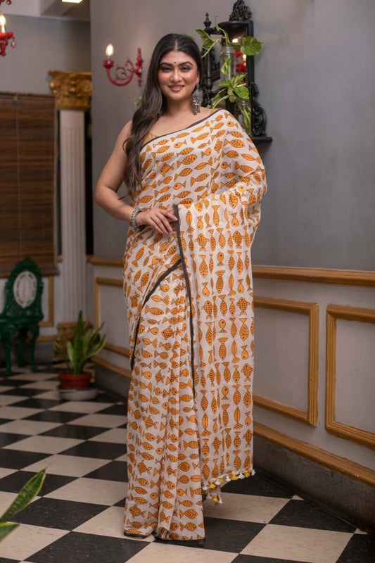 Wholesale Price Mulmul Cotton Saree with Fish Print All Over Saree