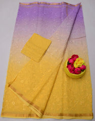 Wholesale Quantity Pure Cotton Kota Doria Saree with All-Over Embroidery - Yellow and Purple Color
