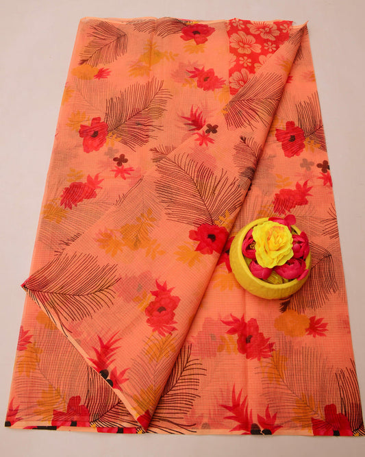 Wholesale Quantity Kota Doria Pure Cotton Floral Printed Saree - Peachy Pink Color Order Sample