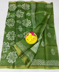 Wholesale Quantity Authentic Pure Silk Kota Doria Saree - Hand Batik Print - Green Color