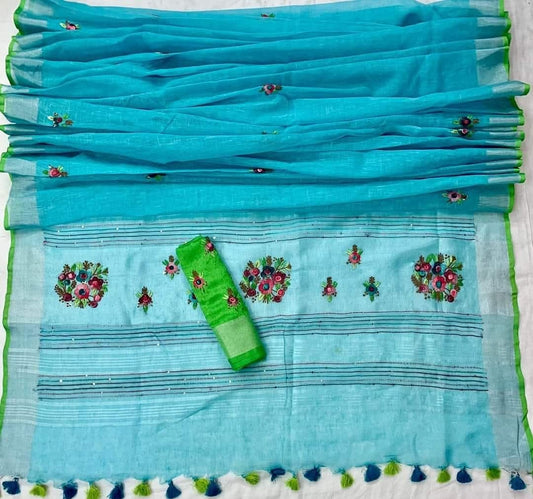 Bulk Quantity French Knot Embroidered Pure Linen Saree Order Sample