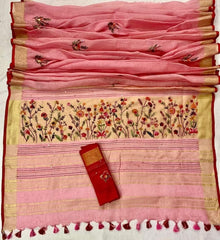 Bulk Quantity French Knot Embroidered Pure Linen Saree