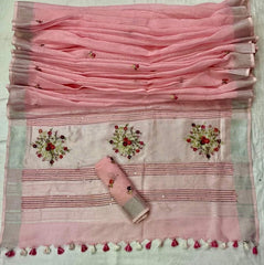 Bulk Quantity French Knot Embroidered Pure Linen Saree