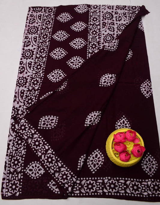 Wholesale Quantity Pure MulMul Cotton Hand Batik Print Saree - Dark Brown Color Order Sample