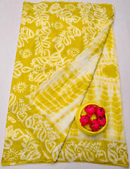 Wholesale Quantity MulMul Pure Cotton Hand Batik Print Saree - Yellow Color