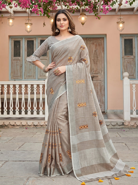 Wholesale Price Linen Saree with Floral Embroidery Border & Tassels