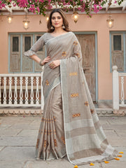 Wholesale Price Linen Saree with Floral Embroidery Border & Tassels