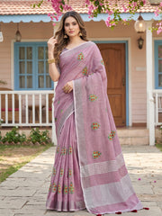 Wholesale Price Linen Saree with Floral Embroidery Border & Tassels