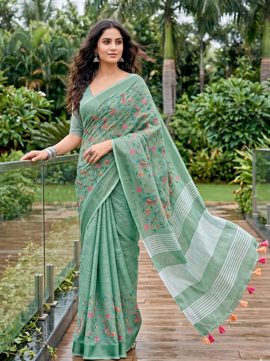 Wholesale Price Premium Linen Embroidered Saree with Running Unstitched Blouse Piece