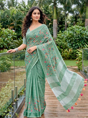 Wholesale Price Premium Linen Embroidered Saree with Running Unstitched Blouse Piece Order Sample