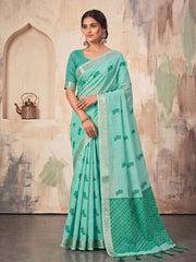 Wholesale Quantity Cotton Linen Geometric Buti Woven Saree with Chevron Pallu