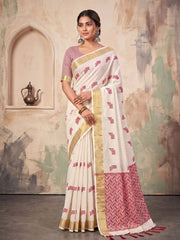 Wholesale Quantity Cotton Linen Geometric Buti Woven Saree with Chevron Pallu