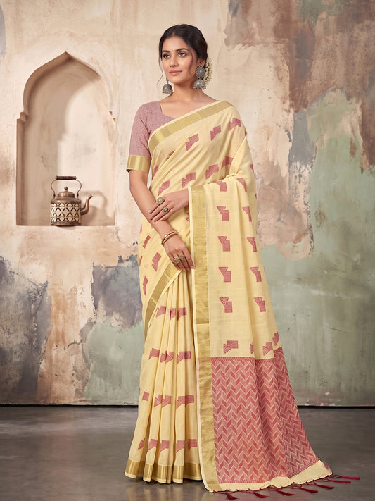 Wholesale Quantity Cotton Linen Geometric Buti Woven Saree with Chevron Pallu