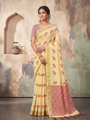 Wholesale Quantity Cotton Linen Geometric Buti Woven Saree with Chevron Pallu