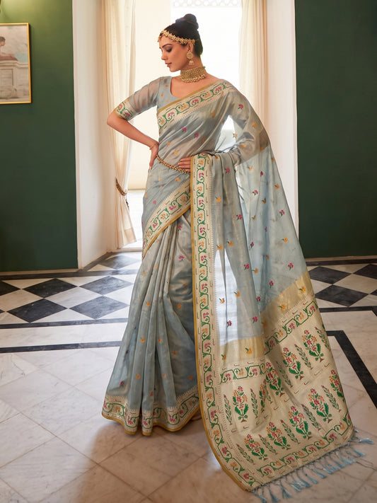 Wholesale Quantity Tissue Silk Floral Buti Woven Saree with Contrast Floral Pallu