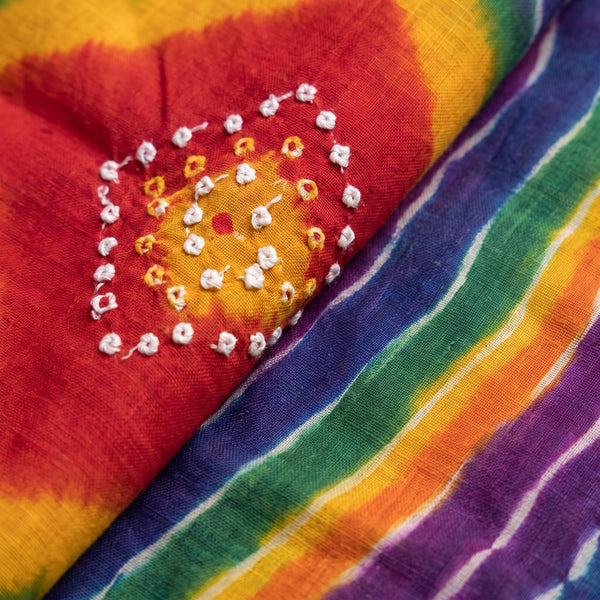 Bandhej dots and leheriya waves on bright cotton