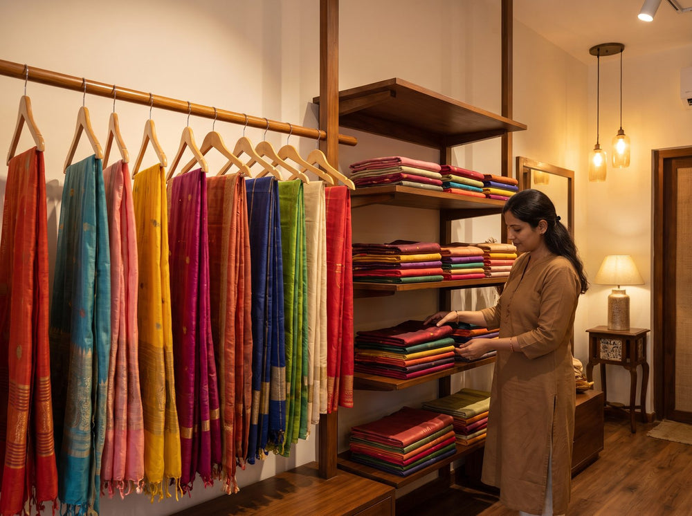 Saree retailer arranging ethnic wear in her boutique