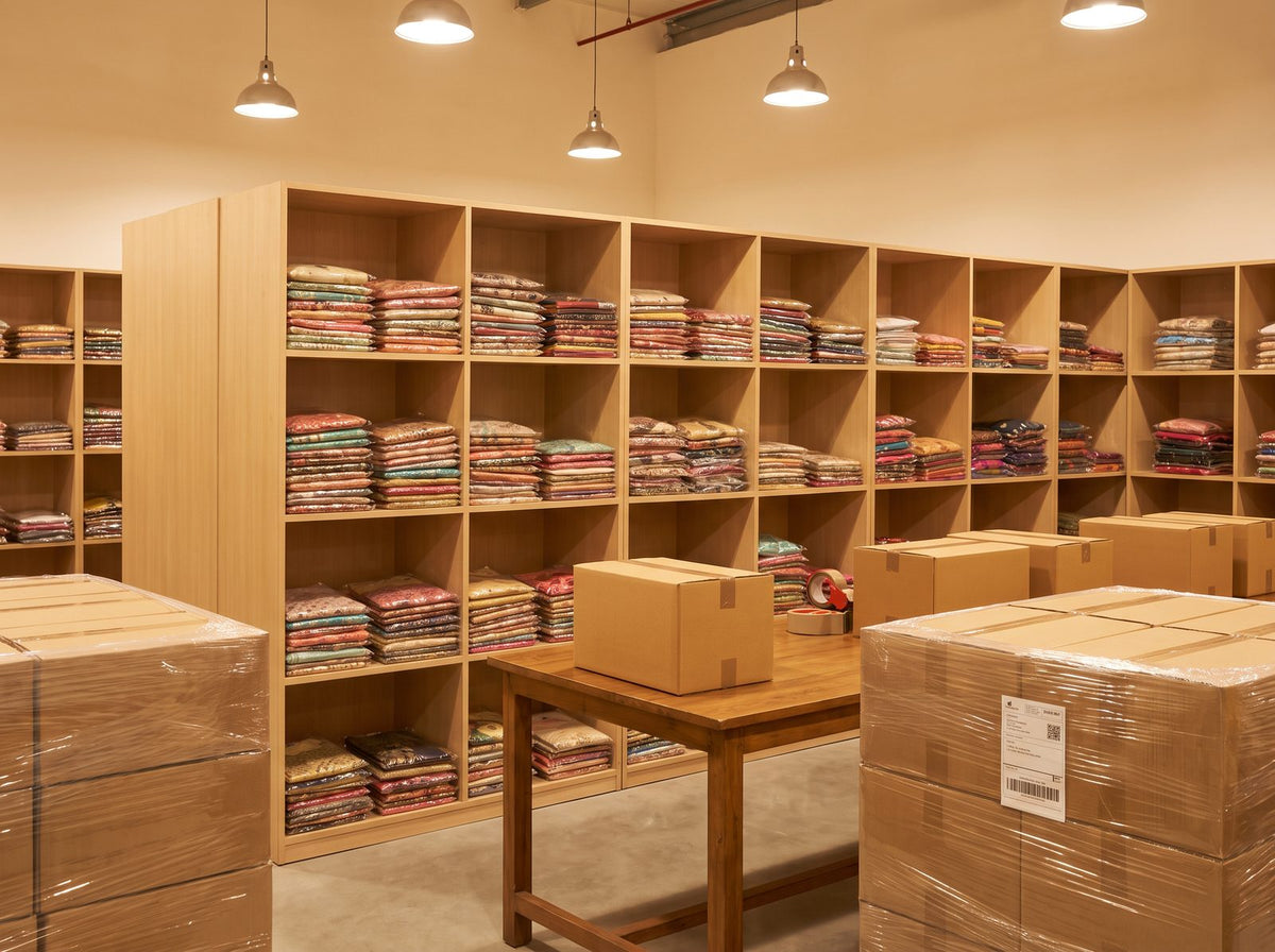 Folded sarees on shelves and packed cartons ready for bulk dispatch