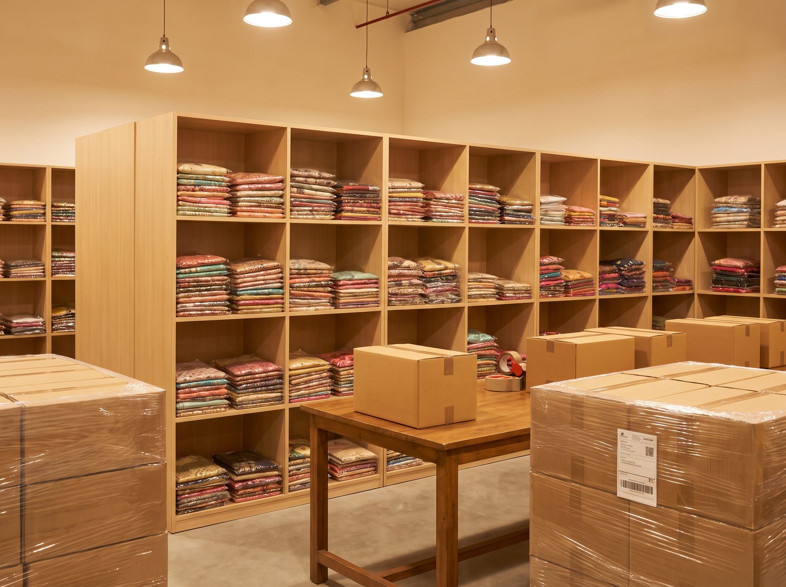 Folded sarees on shelves and packed cartons ready for bulk dispatch