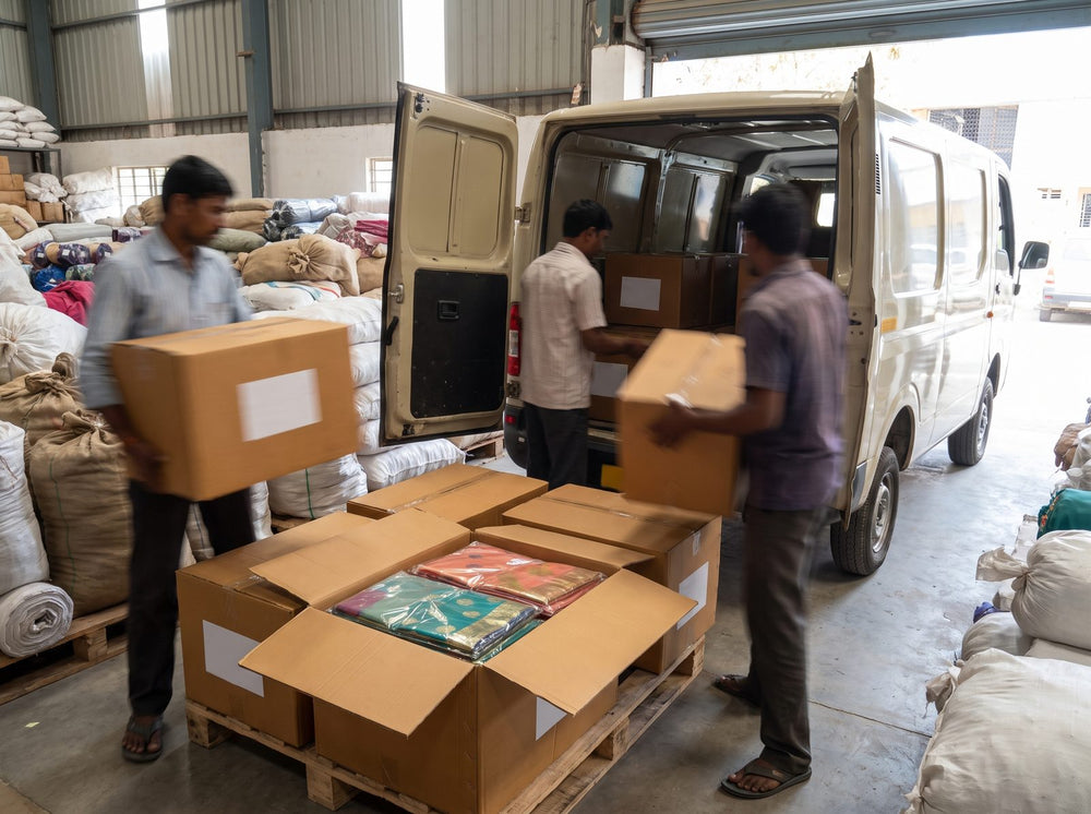 Sealed cartons being loaded into a delivery van at a textile warehouse