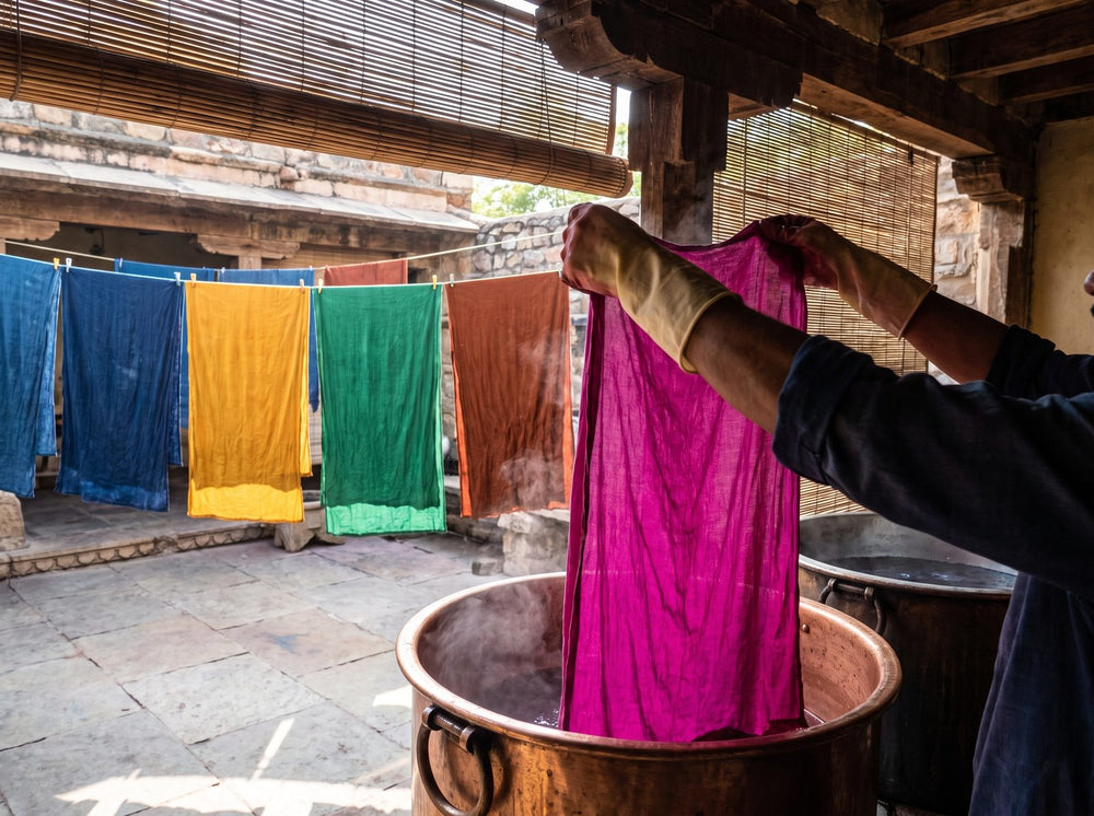 Dyer lifting freshly dyed magenta fabric from a vat